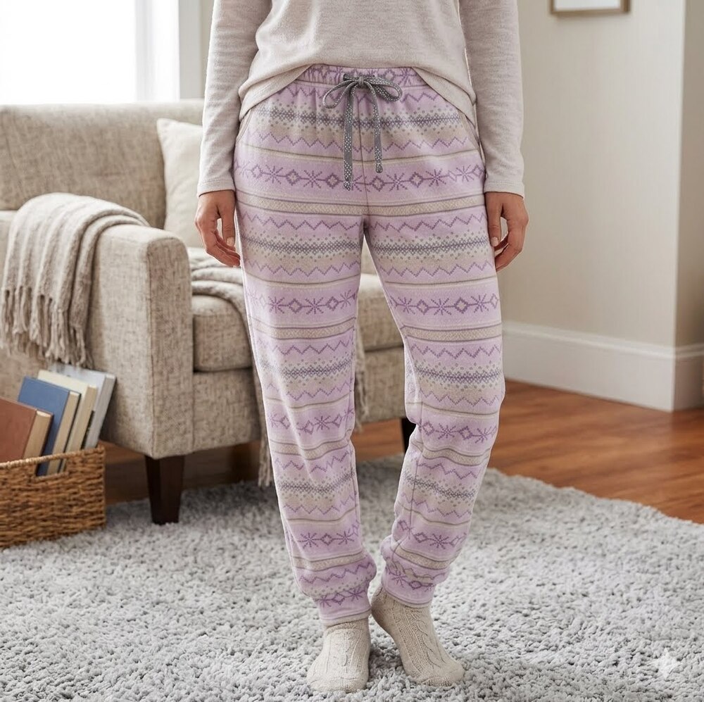 MUK LUKS Fair Isle Plush Fleece Lounge Pajama Pants Pink Gray XL EUC